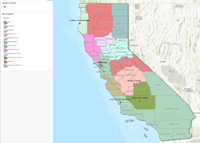 Map showing the current (as of July 2022) SAF Chapters in California: